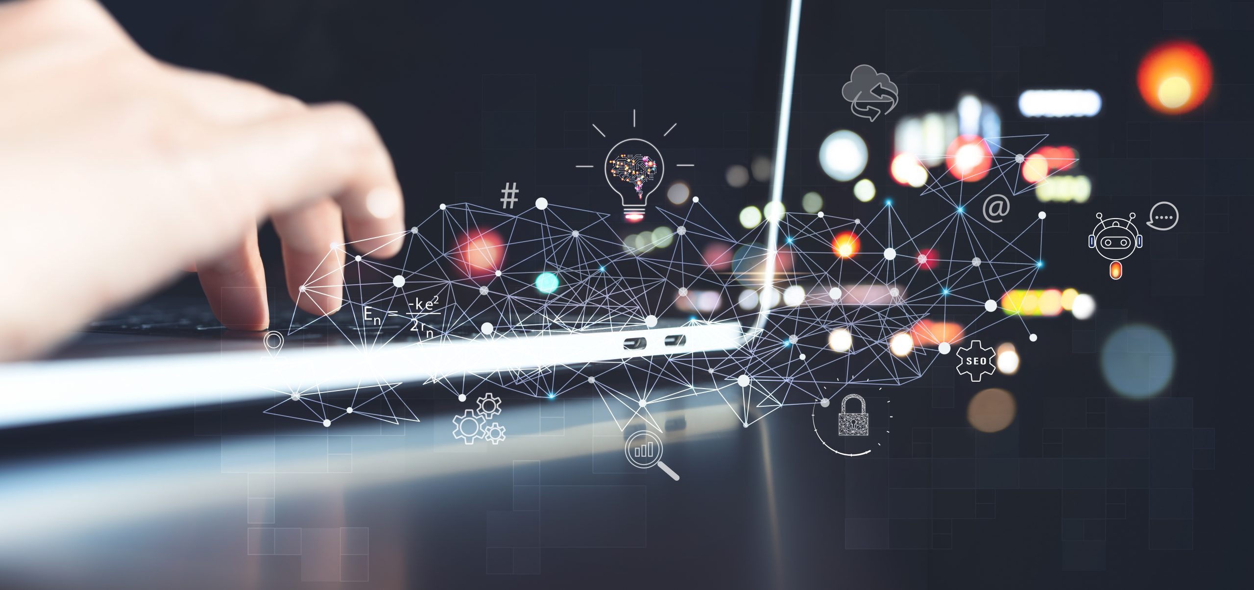 Ai, Artificial Intelligence, IoT Internet of Things concept. Business man using laptop computer on innovation technology icons on virtual screen, 4.0 industrial technology development, remote control