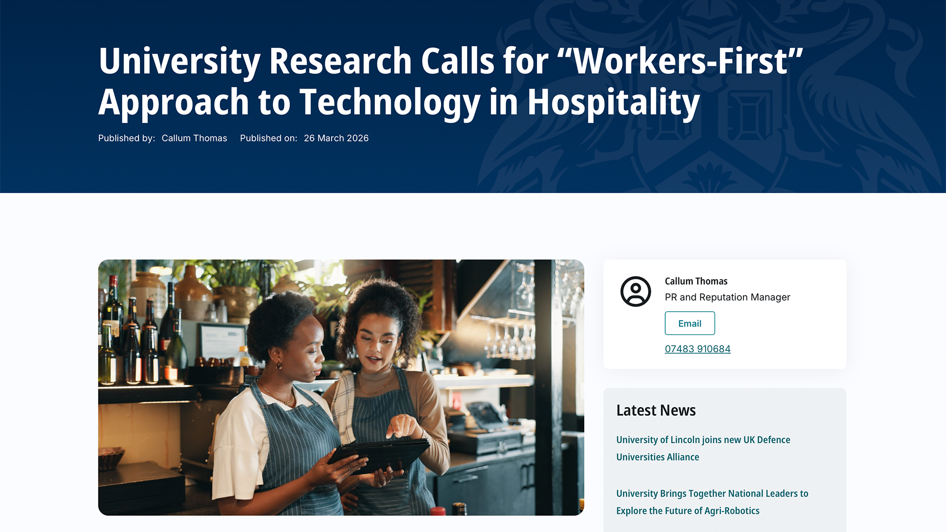 ‘University Research Calls for “Workers-First” Approach to Technology in Hospitality’ - University of Lincoln press release